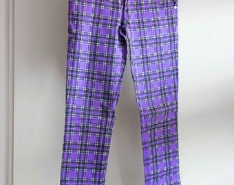Lila Tartan Hose, Stretch Punk-Hose, schwarz und lila, dünn, Goth, Gothic, Punk, Alternative, Frau, Größe 26, XS