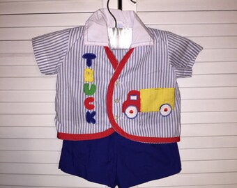 Cradle Togs Baby Boy Blue Outfit Truck Car Sz 0-9M Plastic Rubber Pants