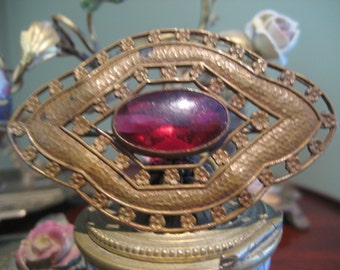 Large Antique Brass Brooch with Red Glass Jewel