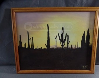 Vintage Southwestern Saguaro Cactus Painting Signed Teresa