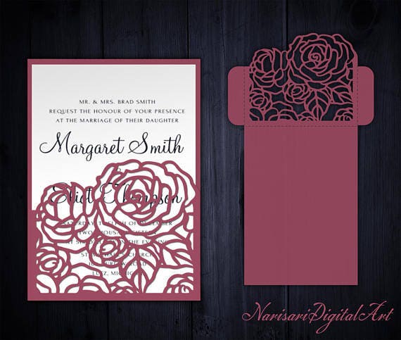 Download Roses Wedding Invitation Pocket Envelope 5x7 SVG Template