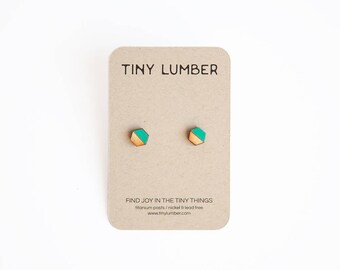 Teal Green Earrings | Geometric Earrings | Modern Hexagon Stud Earrings | Wood Earring Studs | Hypoallergenic Earring Studs | Gift for Her