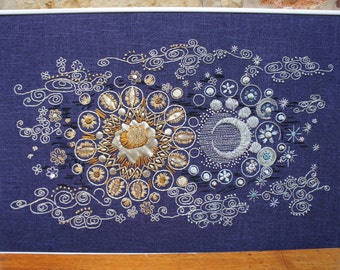 Solstice - Mid Century Modernist Large Textile Embroidery Collage Framed Applique Art Picture