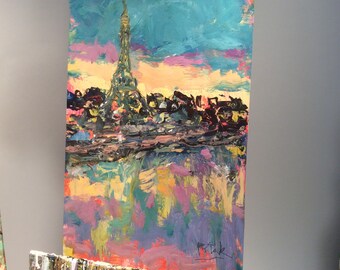 Paris painting, France and Eiffel tower along the river, original impressionist painting with FREE SHIPPING by artist Russ Potak