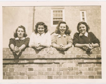 vintage photo 1950s Young Women Same Pose over Garden Wall