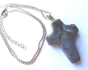 Vintage JASPER STONE Cross, Jasper Cross & Silver Ball Neck Chain, Mens Boho Gray Jasper Cross, Mens Cross and Neck Chain, Cross Necklace