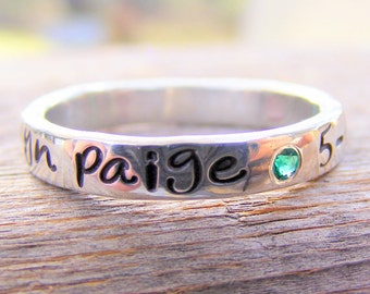 Mother's Day Birthstone Ring - Flush Set Gemstones -personalized - Engraved - Childrens Name - Stacking Rings - Memory Ring