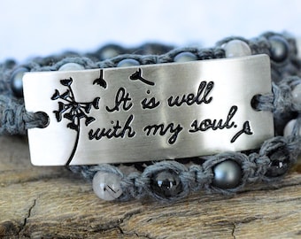 It is Well With My Soul Beaded Wrap Bracelet, Hemp Wrap Bracelet, Quartz Wrap Bracelet, Pendant Wrap Bracelet, Inspirational Quote Bracelet