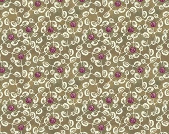 Mulberry Blooms Twigs on Sage Cotton Woven