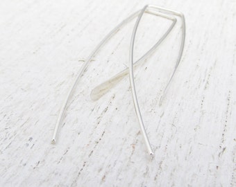 Minimal Earrings / Argentium Silver Earrings / Open Hoop Earrings / Hammered Long Back Earrings / Wire Earrings / Geometric Earrings 102136