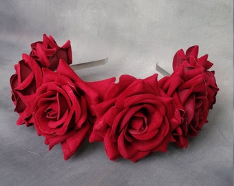 Maroon velvet flower hairband, flower crown, rose hairpiece, festival flowers
