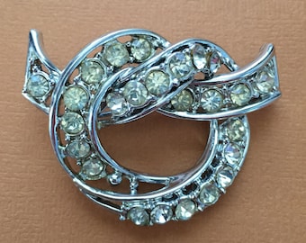 Vintage Brooch, White Rhinestone Pin, C-Clasp Brooch, Vintage Pin, Vintage Art Nouveau, Circle Brooch With White Rhinestones, Silver Tone
