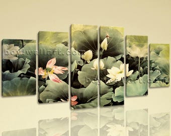 Large Floral Water Lily Wall Abstract On Canvas Dining Room Six Pieces Print, Extra Large Water Lily Wall Art, Dining Room, Ecru