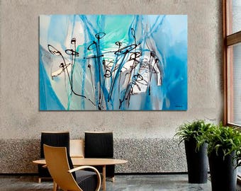 Abstract painting Turquoise, blue, green, black white, modern original. Dimensions: 57.5 x 38 inches (146 x 97 cm)