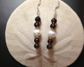 Smoky Quartz and Freshwater Pearl Drop Earrings