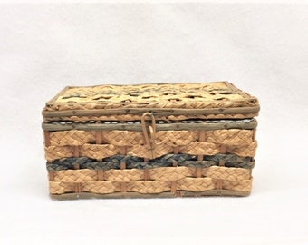 Tan and Blue Vintage Wicker Sewing Box