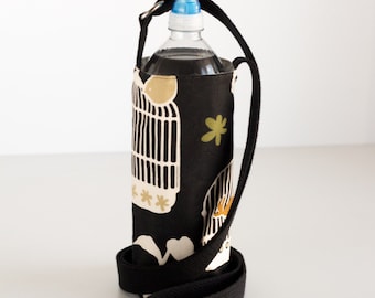 Black Water Bottle Sling, Birdcage, Black Bird Water Bottle Holder, Floral Crossbody, Black, Tan, and Gray Cotton Fabrics, Handmade