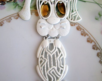 Vintage Artuculated Puppy Dog Pendant White Enamel Signed Alan
