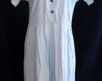 80s Vintage Womens Pinstripe Dress Sky Blue A Line Short Sleeve Size Large