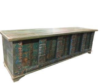 Vintage Trunk Blue Distressed Natural Wood Bench WINDOW Table CONSOLE Iron latch chest Old Pitara Rustic FARMHOUSE Bohemian Interior