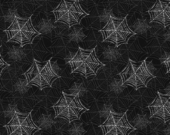 Halloween Fabric, Boooo Ville, Spider Webs on Black Background, by Benartex 2430