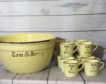Hall Tom and Jerry Set, Rare 13 Piece Tom and Jerry Punch Bowl & Twelve Cups, Vintage Drinkware, 1950's Glassware