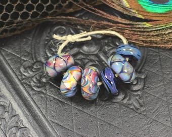 Blown glass, borosilicate, glass, focal, artisan, beads, handmade, lampworked, jewelry supplies, set of 6, bead set, ready to ship.