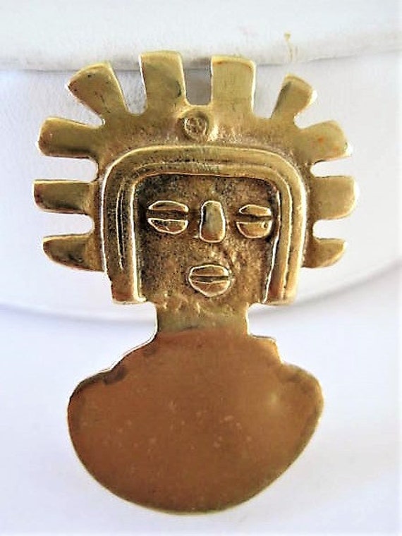 Tribal Face Brooch, Alva Studios, Replica Tribal Figure, Mayan Aztec Pin, 80's Gold Tone Brooch