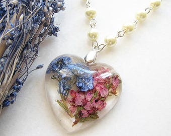 Forget Me Not Necklace Real Flower Jewelry Heart Necklace Resin Necklace Real Flower Necklace Resin Jewelry Heather Necklace Gift for Her