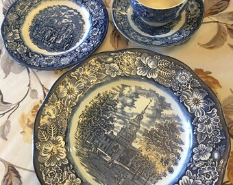Staffordshire Liberty Blue Historic Colonial Scenes- 43 Pc Set
