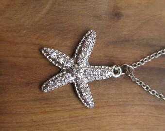 Silver Rhinestone Starfish Necklace - Silver Starfish Necklace - Starfish Necklace - Beach Necklace - Nautical Necklace