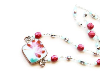 Ming Pottery Shard Pendant Necklace Shard Necklace Lotus Blossom Flower Pendant Floral Jewelry Repurposed Broken China Jewerly Gift Idea
