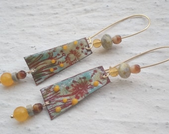 Rustic earrings - copper with Czech glass and enamels