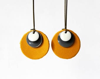Saffron gray white Sequin leather earrings