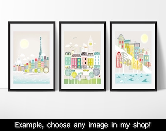 Set of 3 travel Prints, Wall art, Travel decor, Home decor, Travel Gallery Wall Nursery Prints, Travel Poster, City prints illustration
