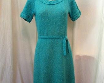 Vintage TURQUOISE BOUCLE KNIT Dress with Self Tie Belt & Short Sleves Junior Size Small