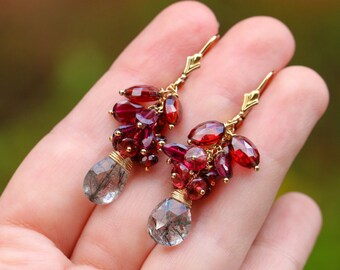 Red Garnet Earrings Red Garnet Cluster Earrings January Birthstone Rutilated Quartz Earring Gold Filled 14K Earring Dangle Gemstone Earrings