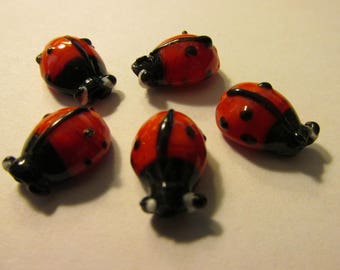 Lampwork Glass Red and Black Lady Bug Beads, 15mm, Set of 5