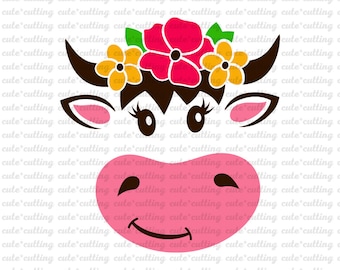Cow face svg, Cow with flower svg, Farm svg, baby svg, girl svg, pdf, dxf, jpeg, cutting file for Silhouette Cameo, Portrait, Curio, Cricut