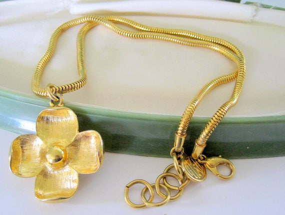 Anne Klein Necklace, Gold Flower Pendant, Signed Snake Chain