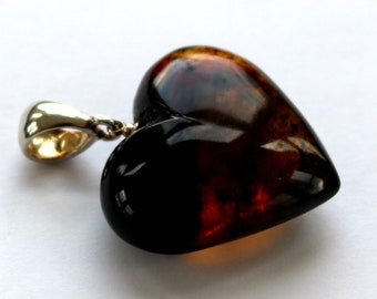 Baltic Amber Heart Pendant Honey Cognac with Inclusions 1.66" 7.6 gram 925 Silver