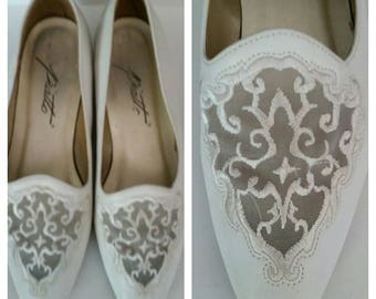 1980s Slip On Shoes, Lace Accent, White, Piatto, Size 9