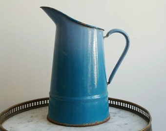 Blue enamelware vintage pitcher - French vintage vase - French enamelware pitcher - French blue enamelware vase - blue pitcher