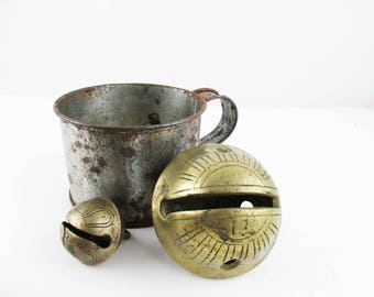 Classic Rusted Tin Cup With Two Brass Petal Bells - Vintage Brass 'Petal' or 'Horseshoe' Sleigh Bell - No. 3 and 13 Bells - Holiday Decor