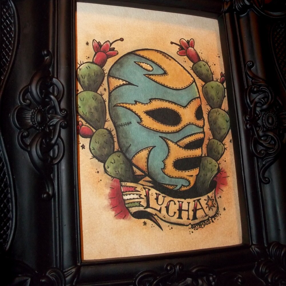 Mexican Lucha Libre Traditional Tattoo Style Art Print 5x7 By Mexican Lucha Libre Traditional Tattoo Style Art Print 5x7 By