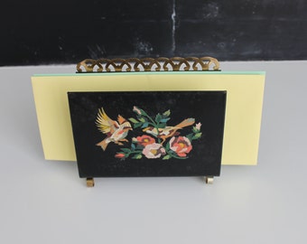 Vintage Mail Holder | Vintage Metal Letter Holder | Vintage Napking Holder | Hand Painted Birds | Gold and Black Holder