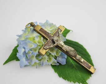 Vintage Brass Pectoral Crucifix Cross with Wood Inlay - Large Nun's Crucifix (SD588)