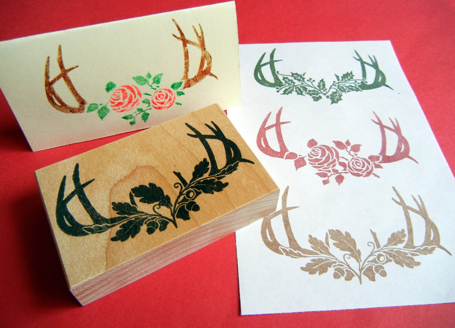 Buck Deer Antler Rubber Stamp with Roses Oak Leaves or Holly