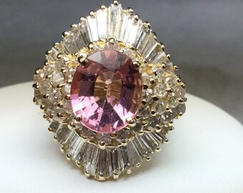 Genuine Pink Tourmaline and Diamond Ballerina Ring 7 CTW 14 KT Yellow Gold
