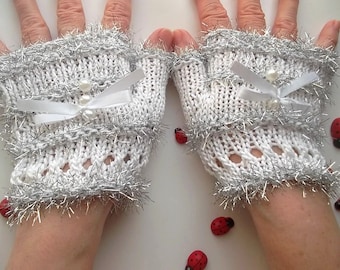 Crocheted Cotton Gloves M Ready To Ship Victorian Fingerless Summer Women Wedding Lace Evening Hand Knitted Party Opera White Corset B74